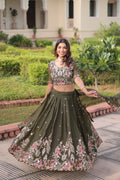 Lorenvalley Fashion Green Gold Crush With Sequins Zari And Coding Embroidered Work Lehenga Choli With Dupatta