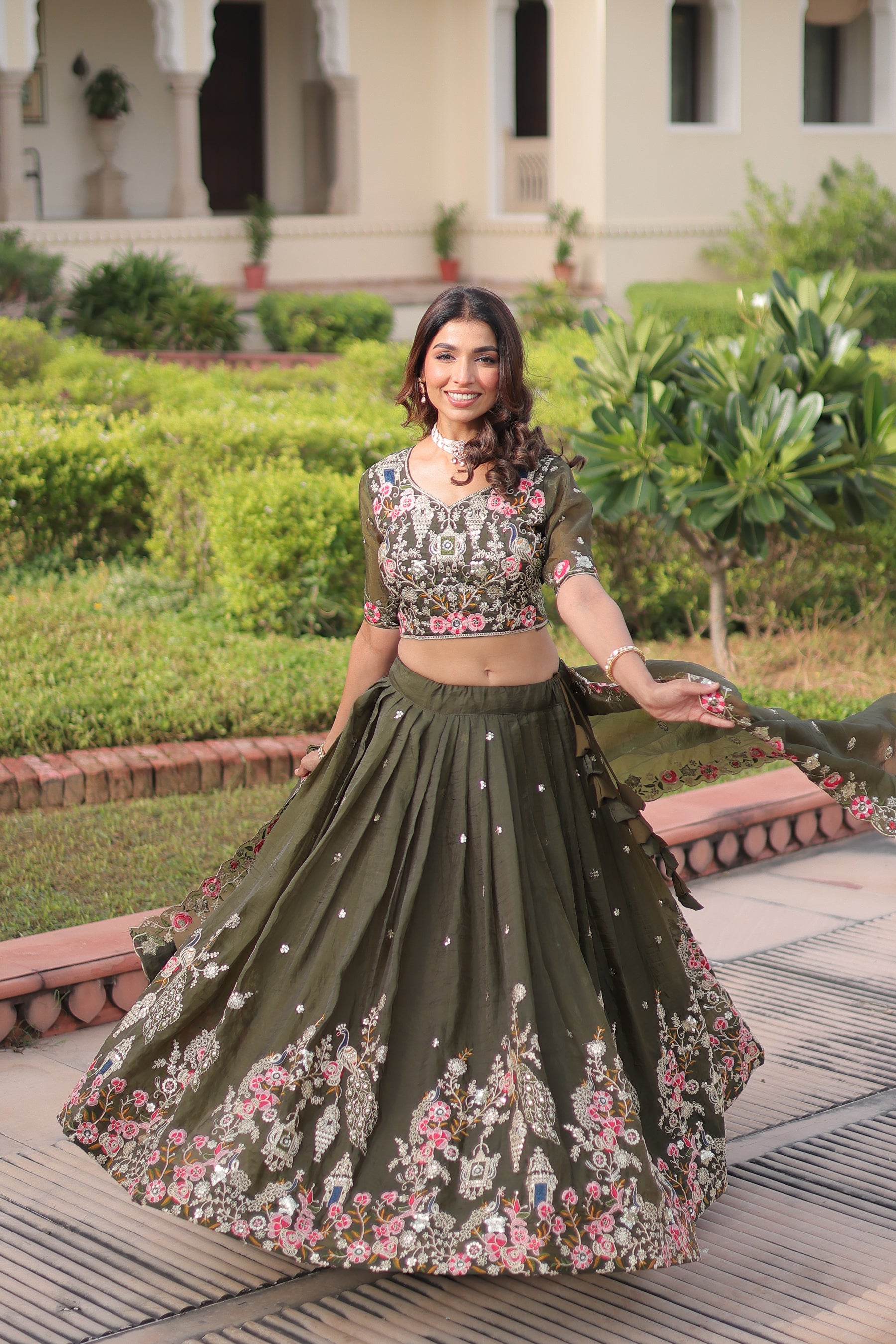 Lorenvalley Fashion Green Gold Crush With Sequins Zari And Coding Embroidered Work Lehenga Choli With Dupatta