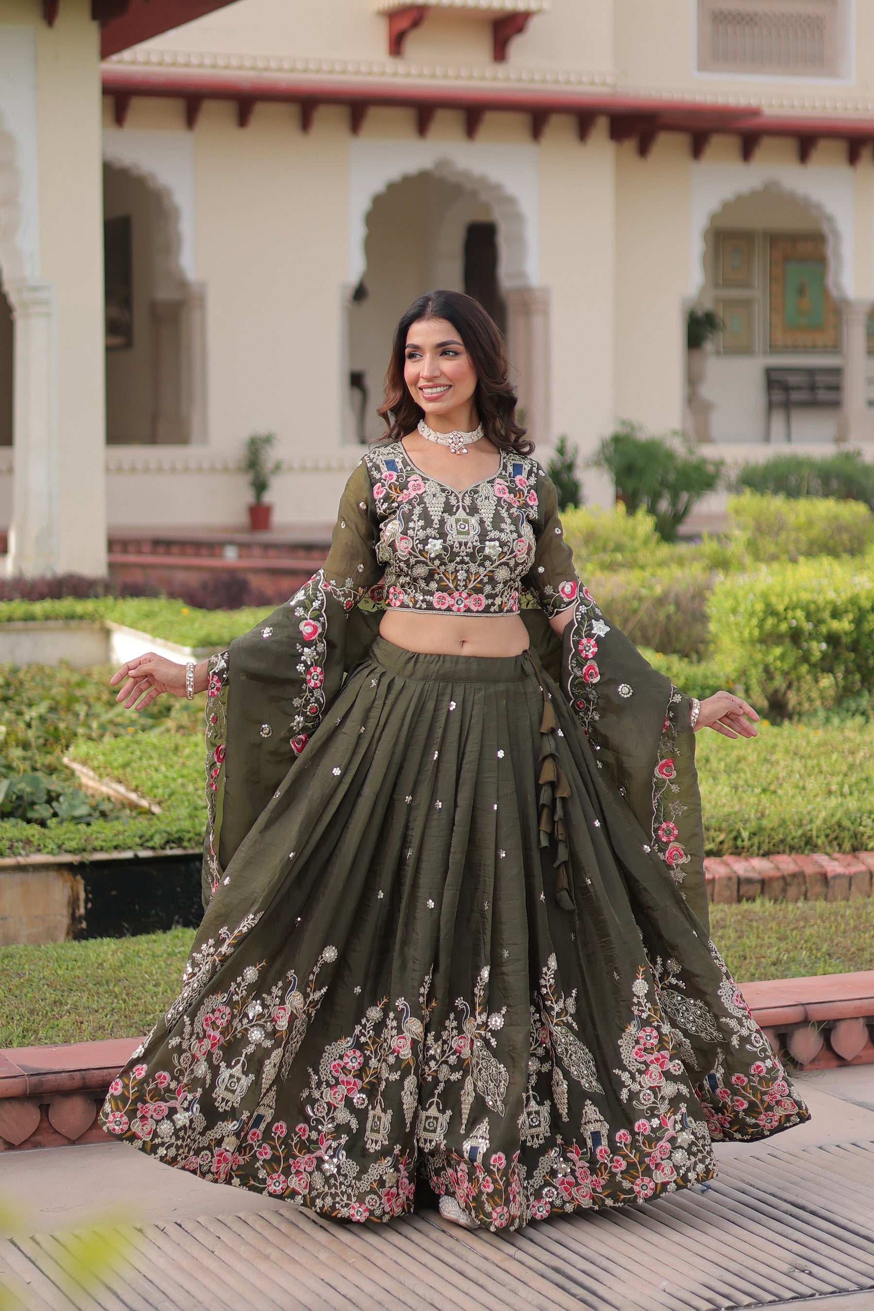 Lorenvalley Fashion Green Gold Crush With Sequins Zari And Coding Embroidered Work Lehenga Choli With Dupatta