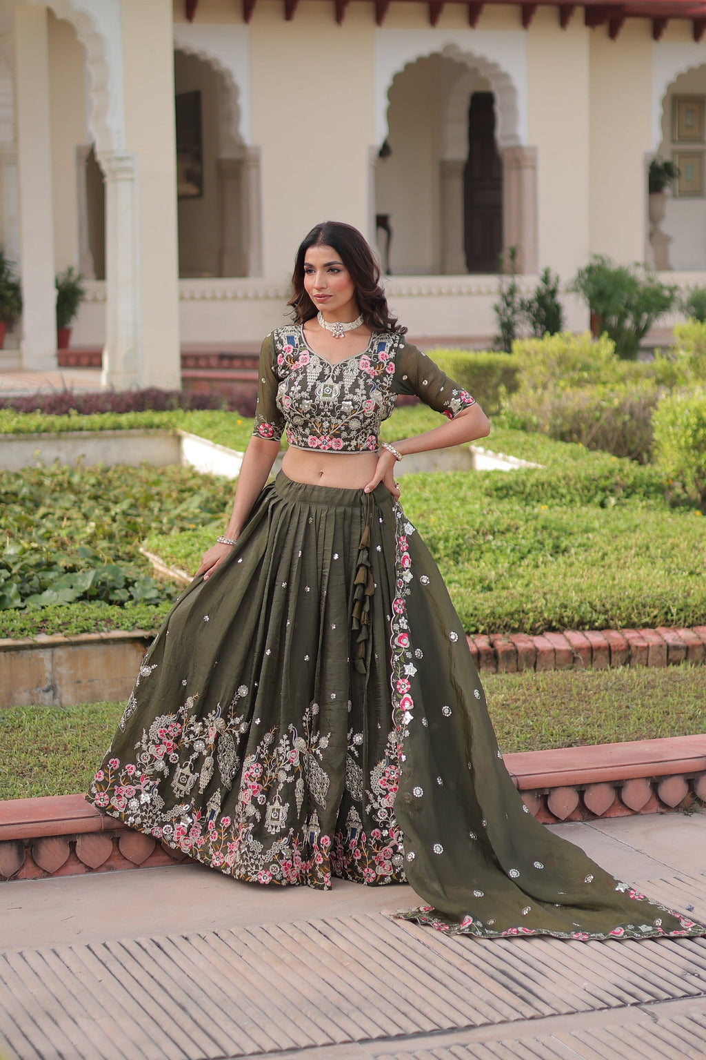 Lorenvalley Fashion Green Gold Crush With Sequins Zari And Coding Embroidered Work Lehenga Choli With Dupatta