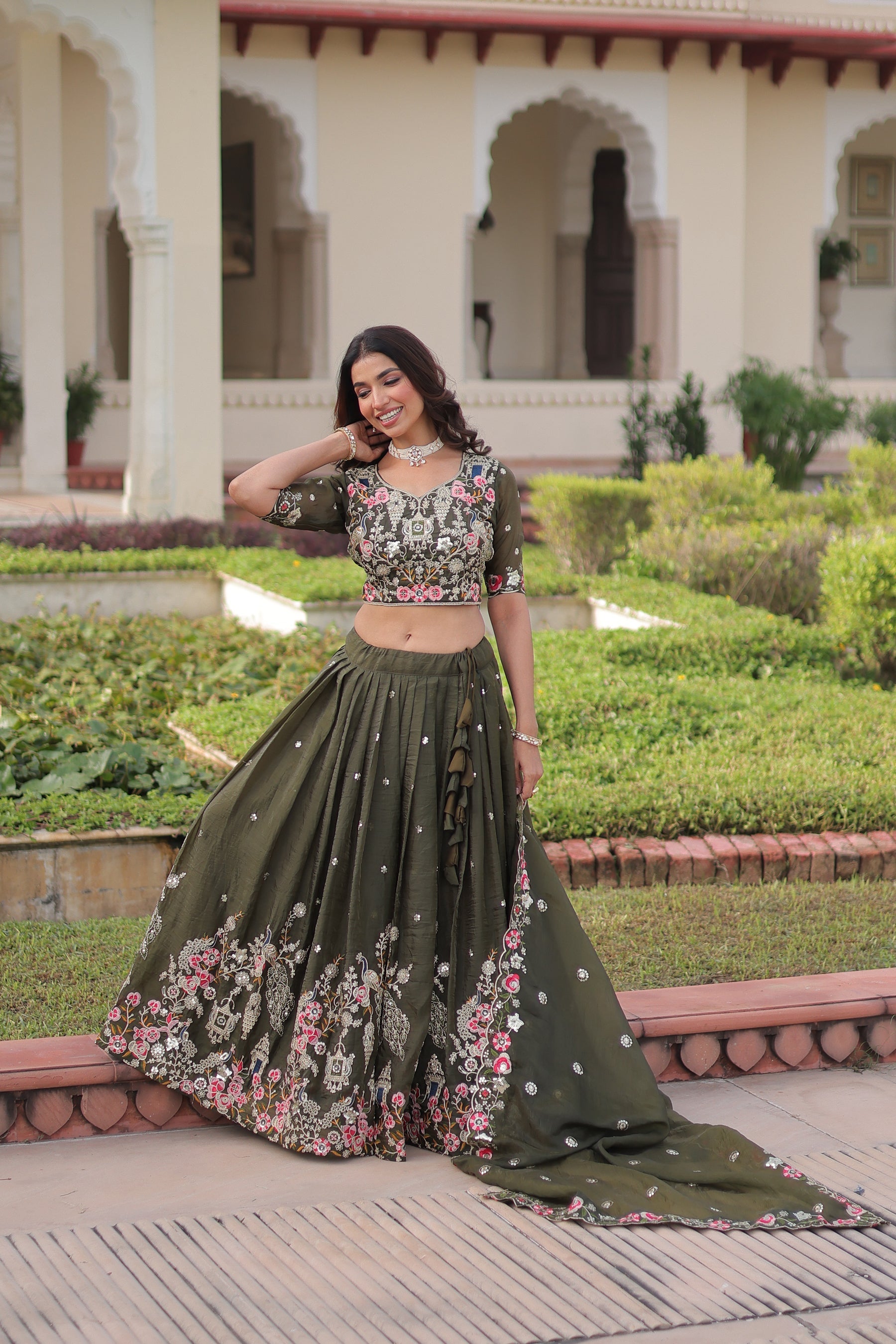 Lorenvalley Fashion Green Gold Crush With Sequins Zari And Coding Embroidered Work Lehenga Choli With Dupatta