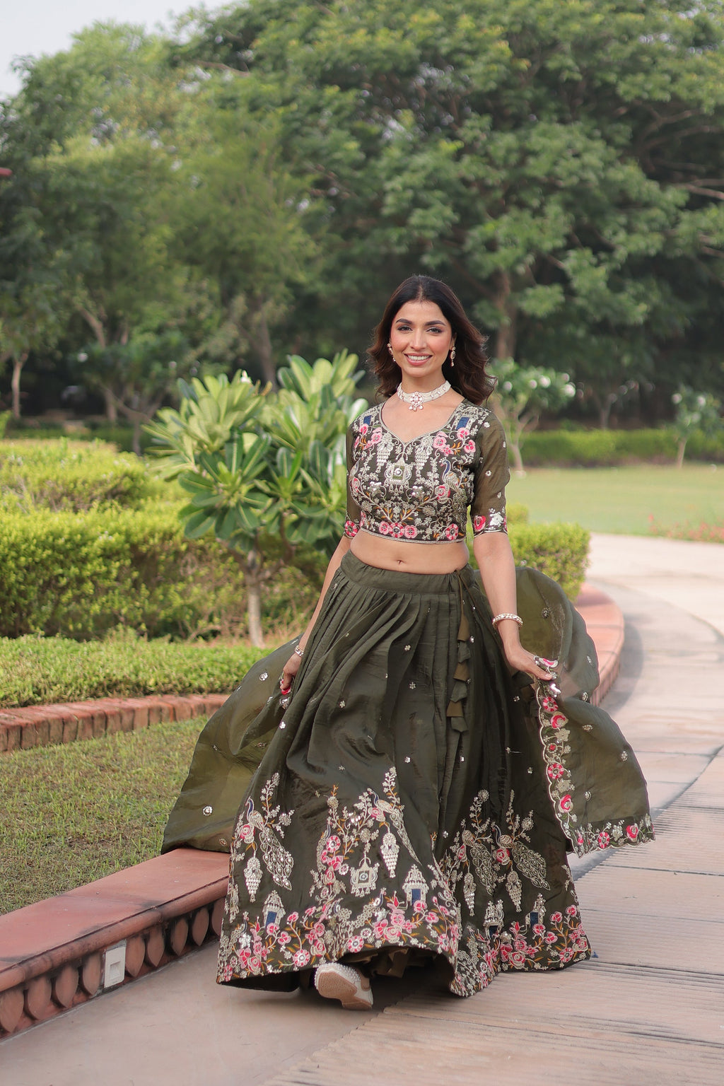 Lorenvalley Fashion Green Gold Crush With Sequins Zari And Coding Embroidered Work Lehenga Choli With Dupatta