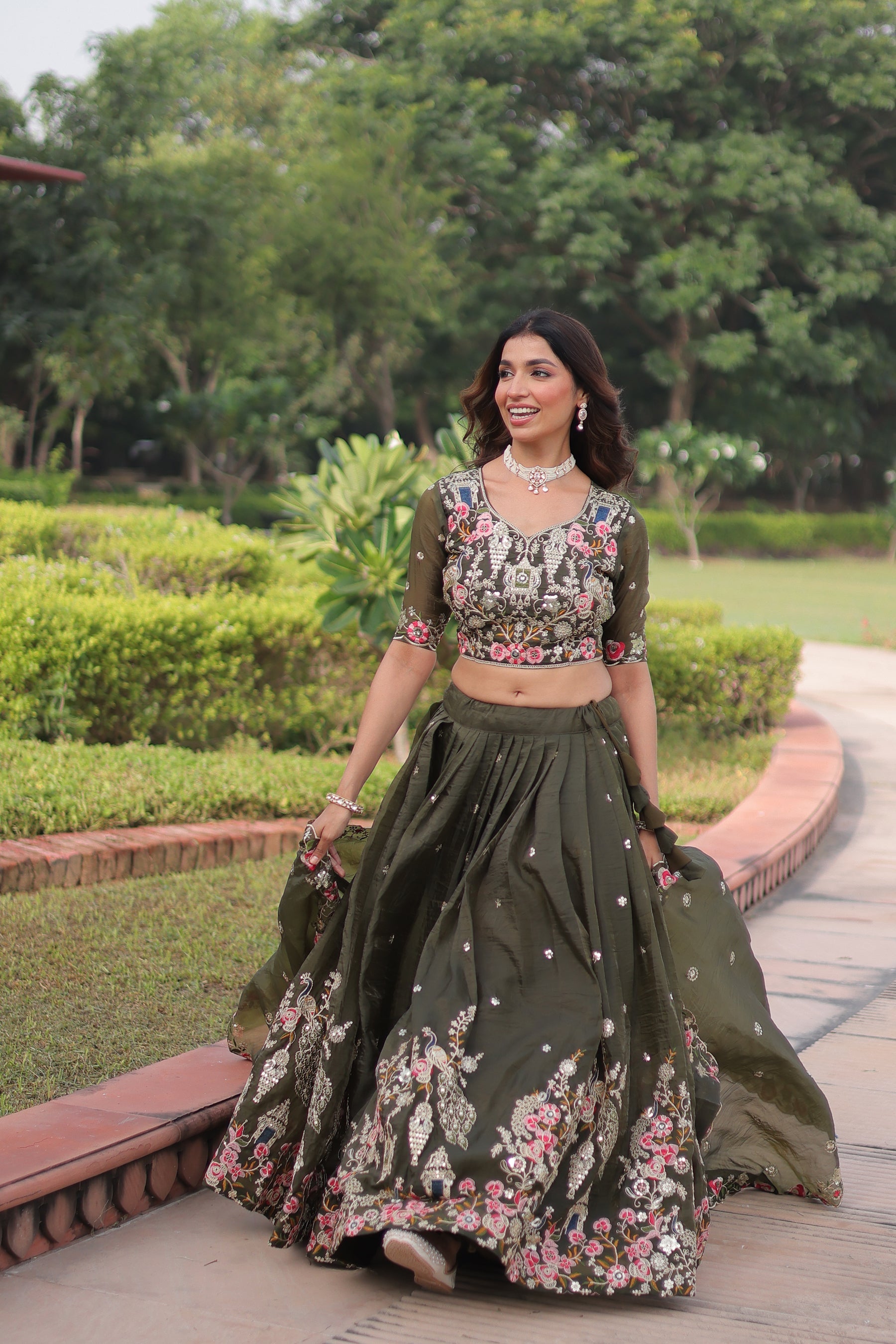Lorenvalley Fashion Green Gold Crush With Sequins Zari And Coding Embroidered Work Lehenga Choli With Dupatta