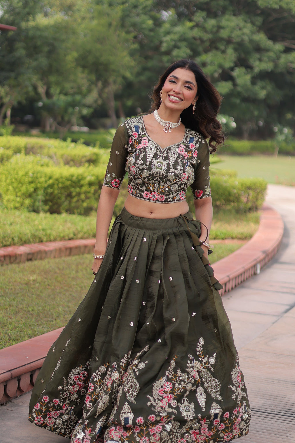 Lorenvalley Fashion Green Gold Crush With Sequins Zari And Coding Embroidered Work Lehenga Choli With Dupatta