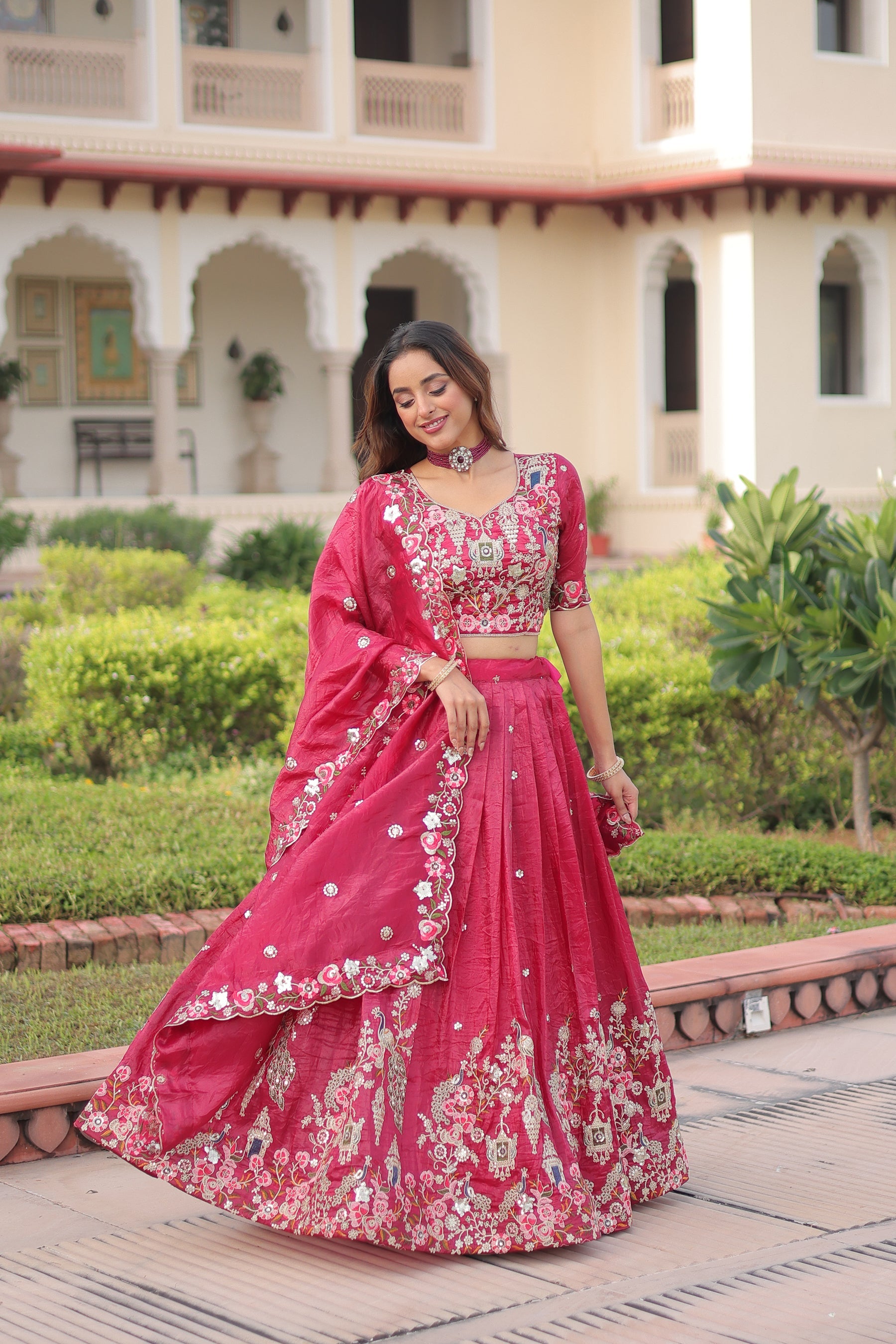 Lorenvalley Fashion Pink Gold Crush With Sequins Zari And Coding Embroidered Work Lehenga Choli With Dupatta