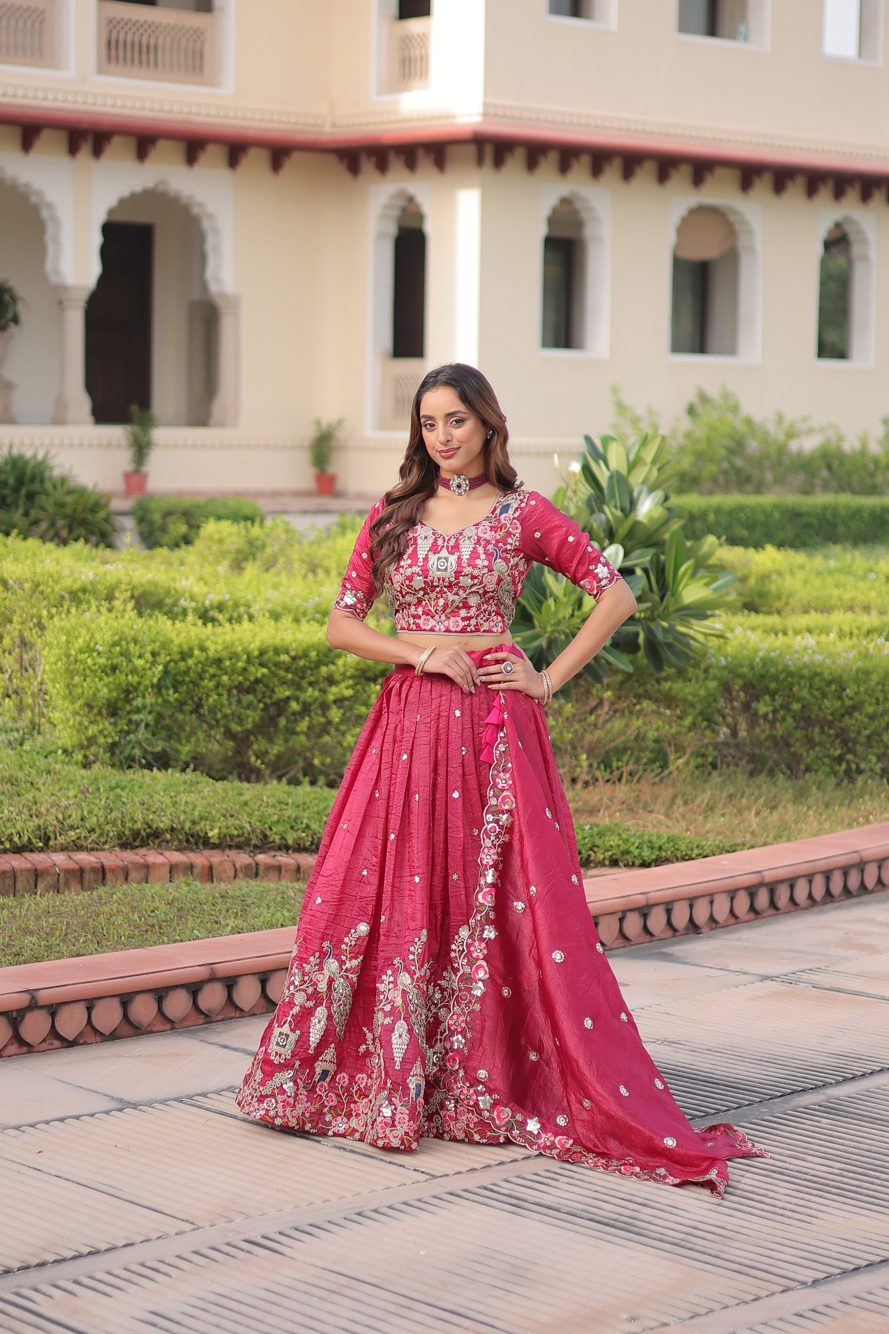 Lorenvalley Fashion Pink Gold Crush With Sequins Zari And Coding Embroidered Work Lehenga Choli With Dupatta