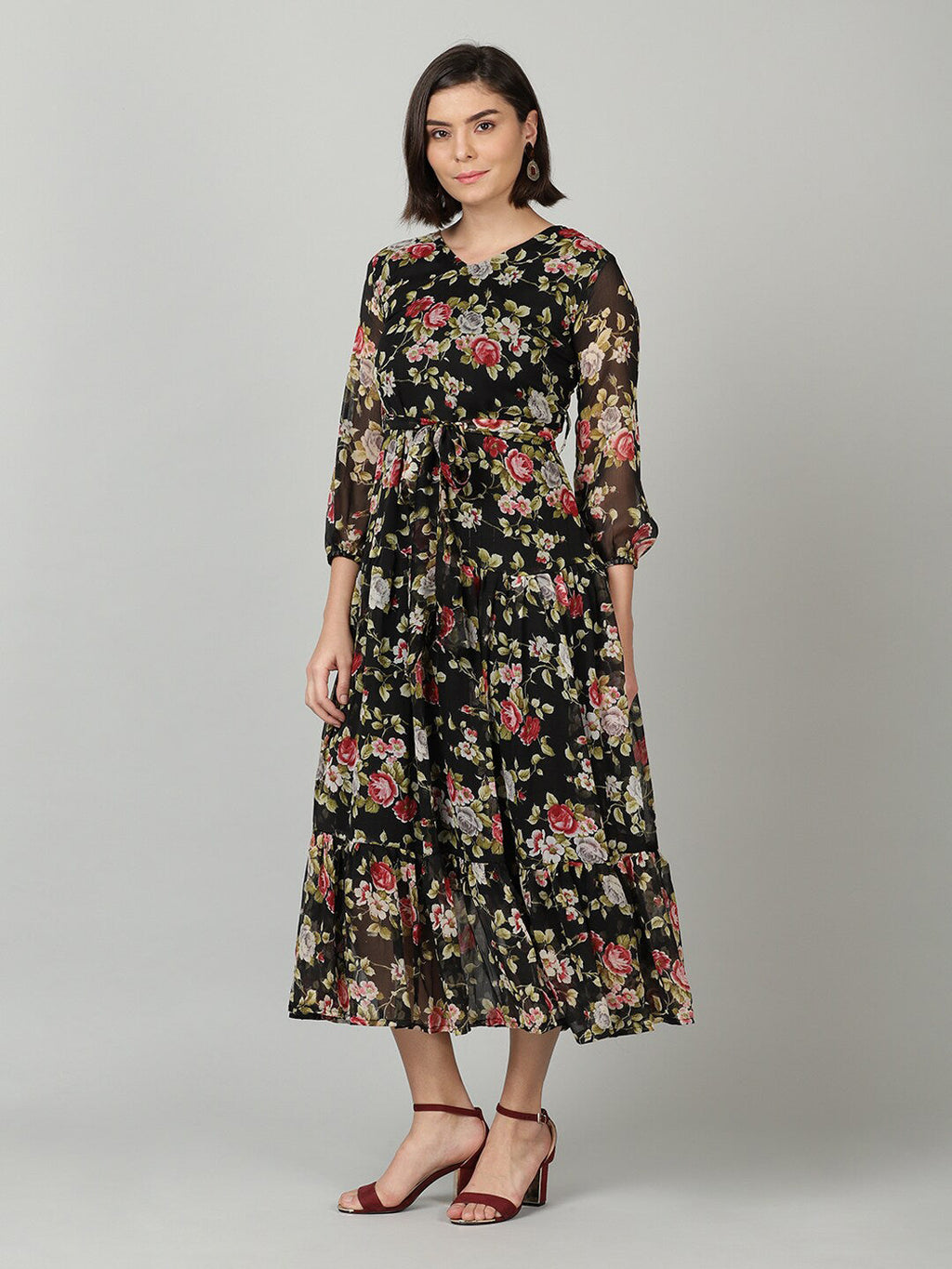 Souchii Black & Pink Floral Chiffon Midi Dress
