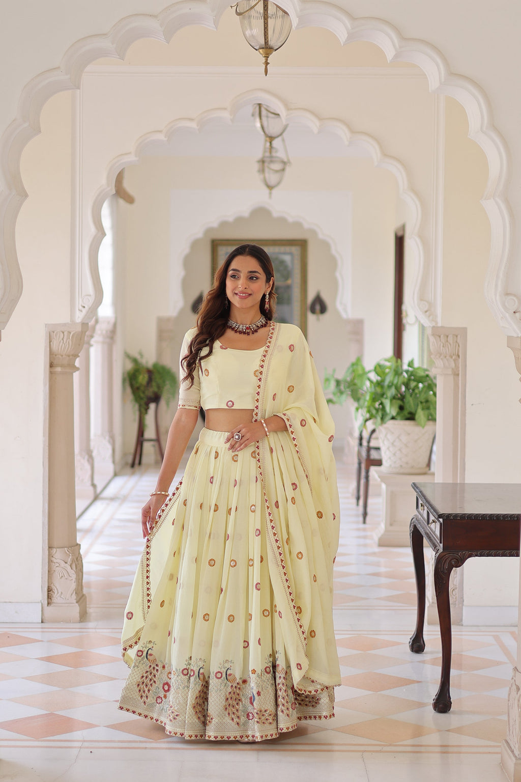 Lorenvalley Fashion Cream Vichitra Silk With Sequins & Zari & Thread Multi Embroidered work Lehenga Choli with Dupatta