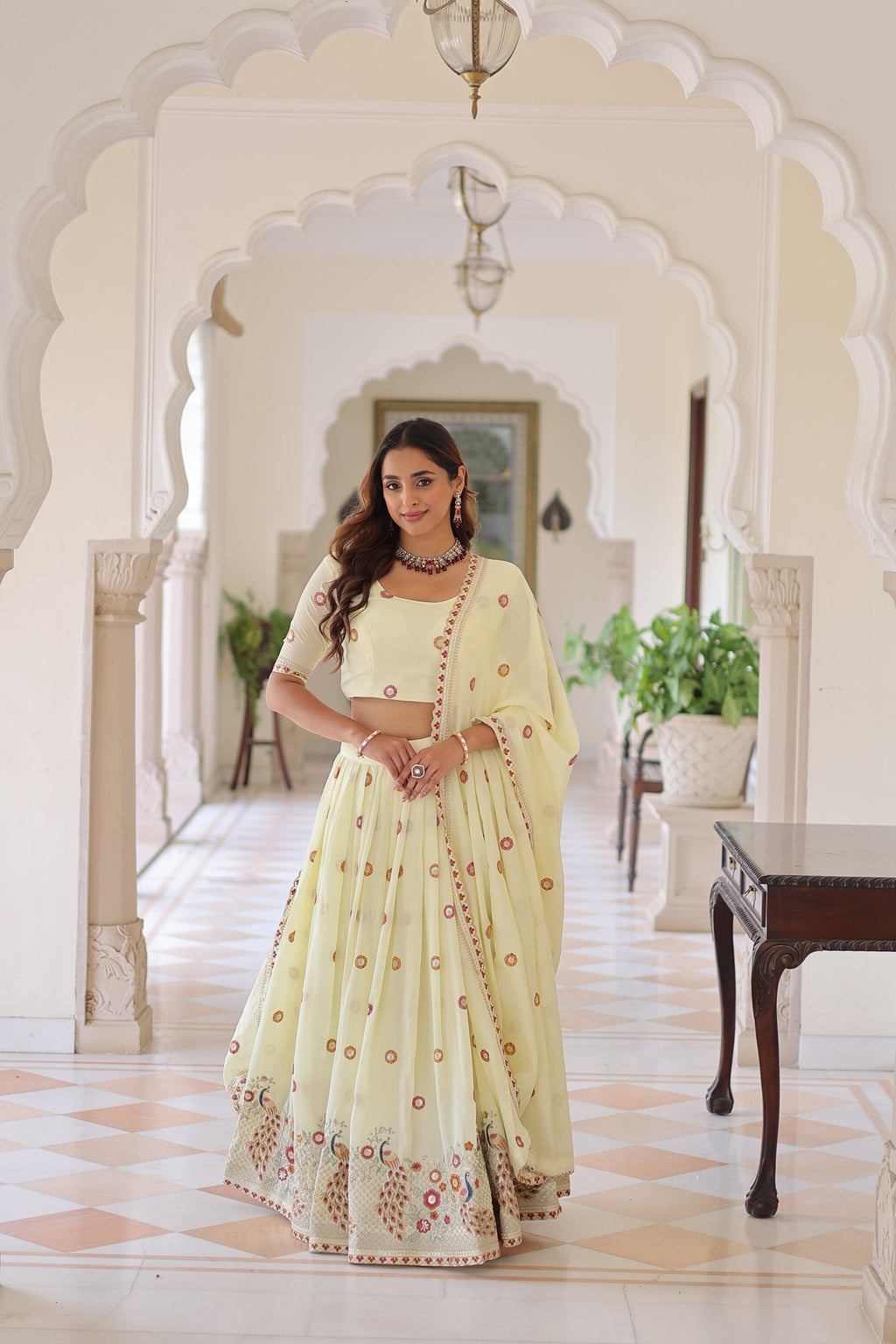 Lorenvalley Fashion Cream Vichitra Silk With Sequins & Zari & Thread Multi Embroidered work Lehenga Choli with Dupatta