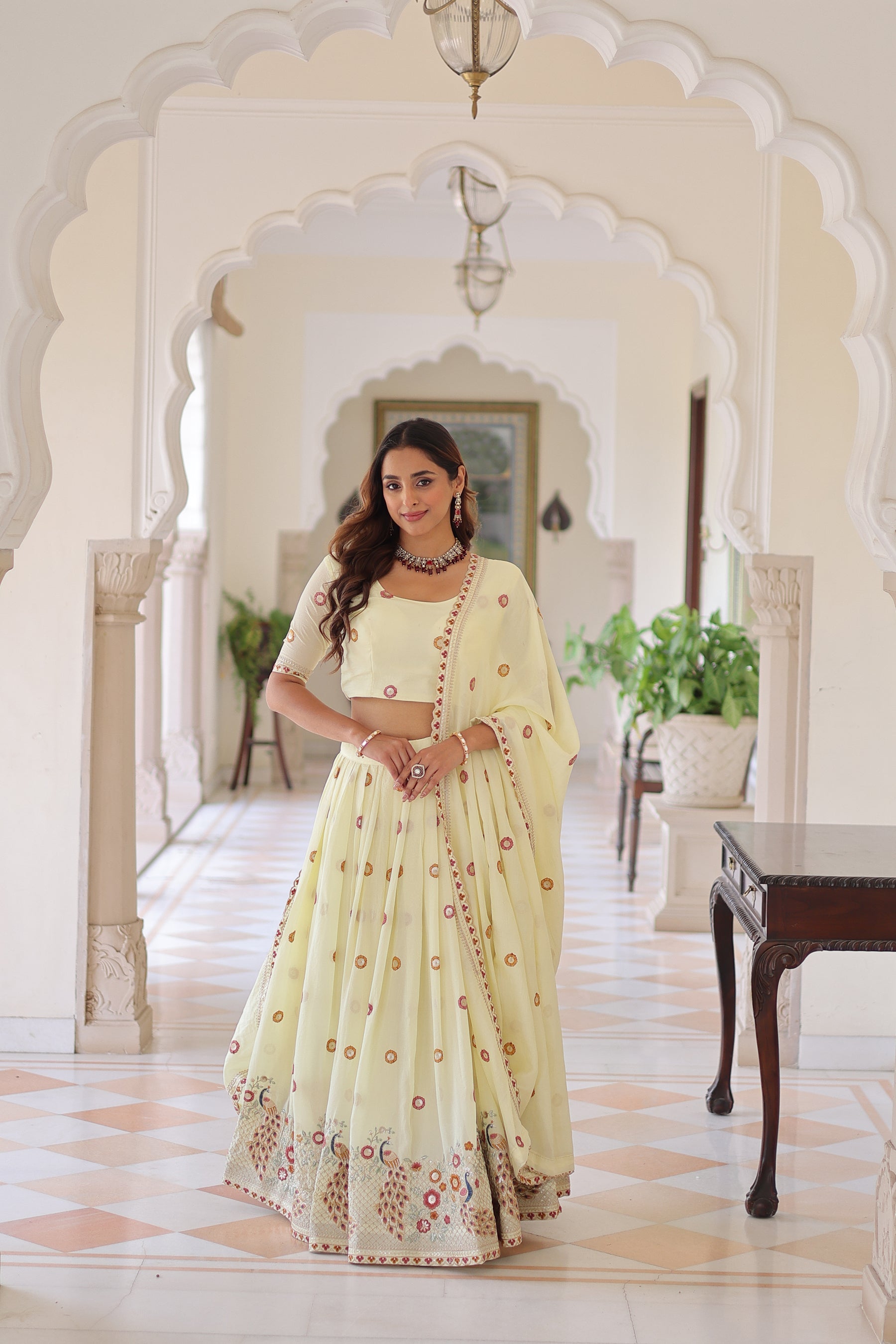 Lorenvalley Fashion Cream Vichitra Silk With Sequins & Zari & Thread Multi Embroidered work Lehenga Choli with Dupatta