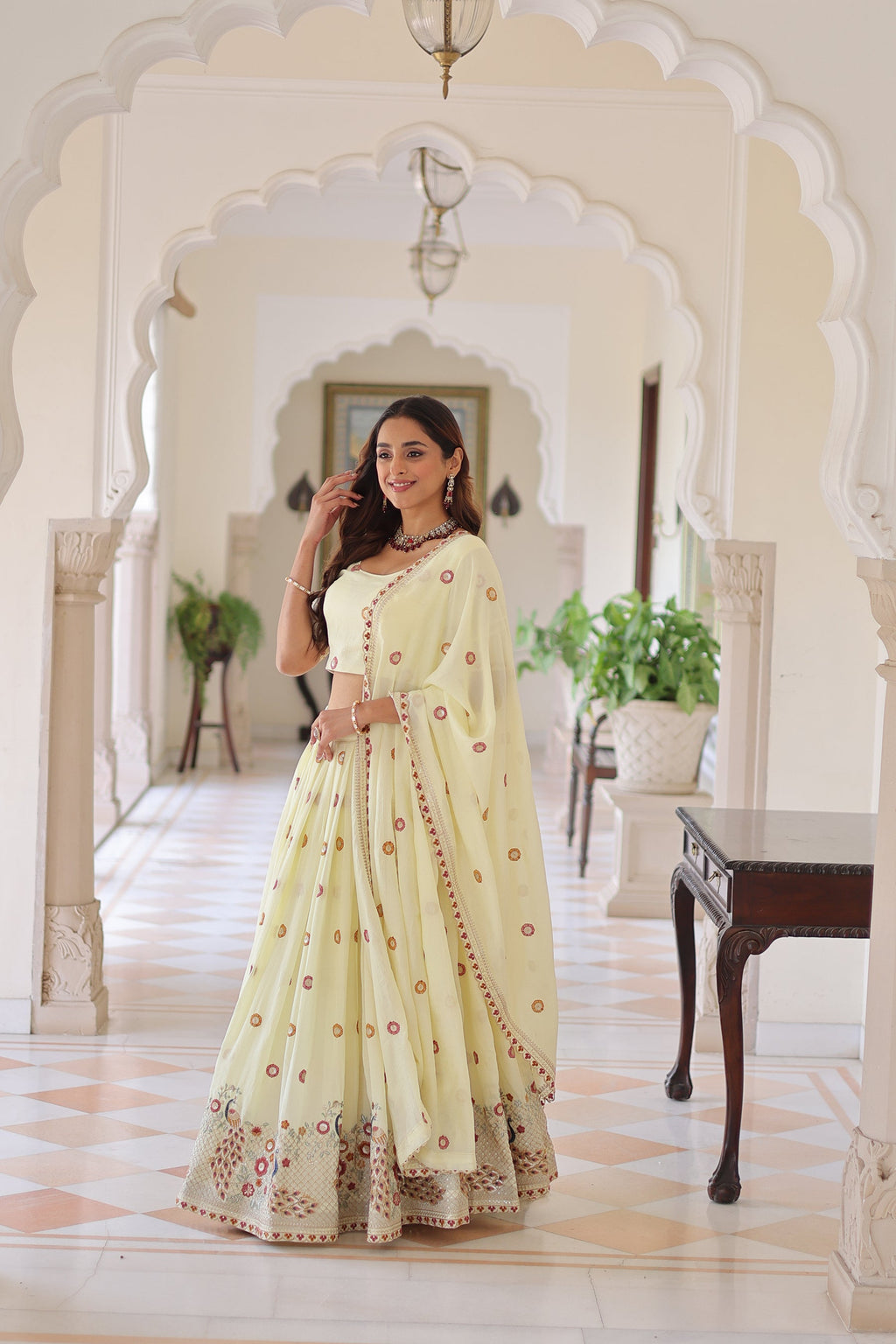 Lorenvalley Fashion Cream Vichitra Silk With Sequins & Zari & Thread Multi Embroidered work Lehenga Choli with Dupatta