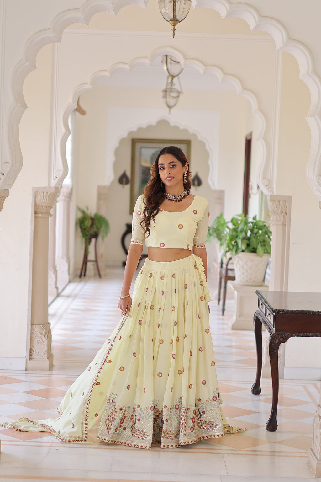 Lorenvalley Fashion Cream Vichitra Silk With Sequins & Zari & Thread Multi Embroidered work Lehenga Choli with Dupatta