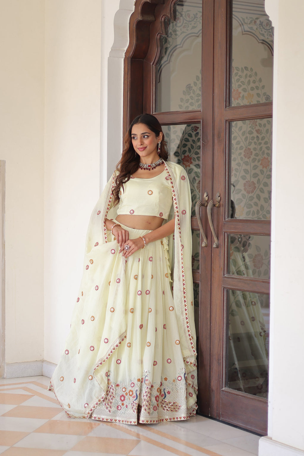 Lorenvalley Fashion Cream Vichitra Silk With Sequins & Zari & Thread Multi Embroidered work Lehenga Choli with Dupatta