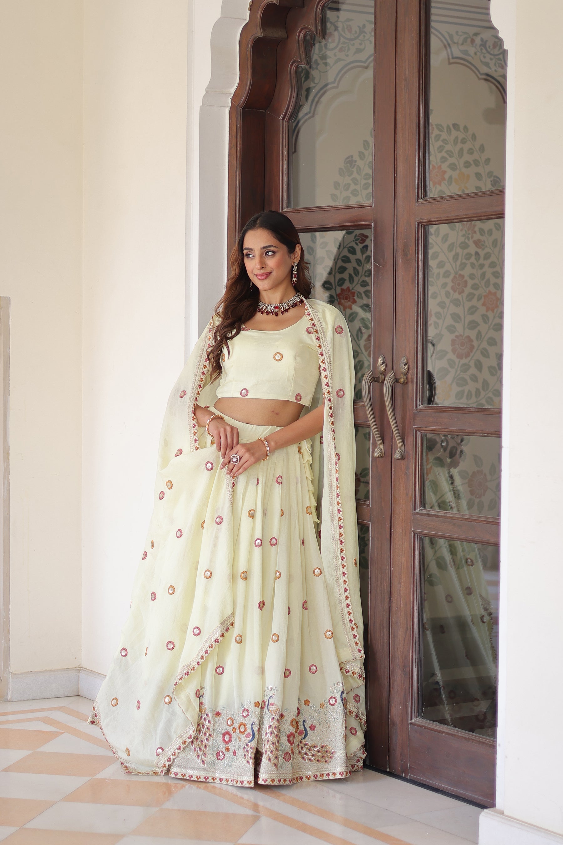 Lorenvalley Fashion Cream Vichitra Silk With Sequins & Zari & Thread Multi Embroidered work Lehenga Choli with Dupatta
