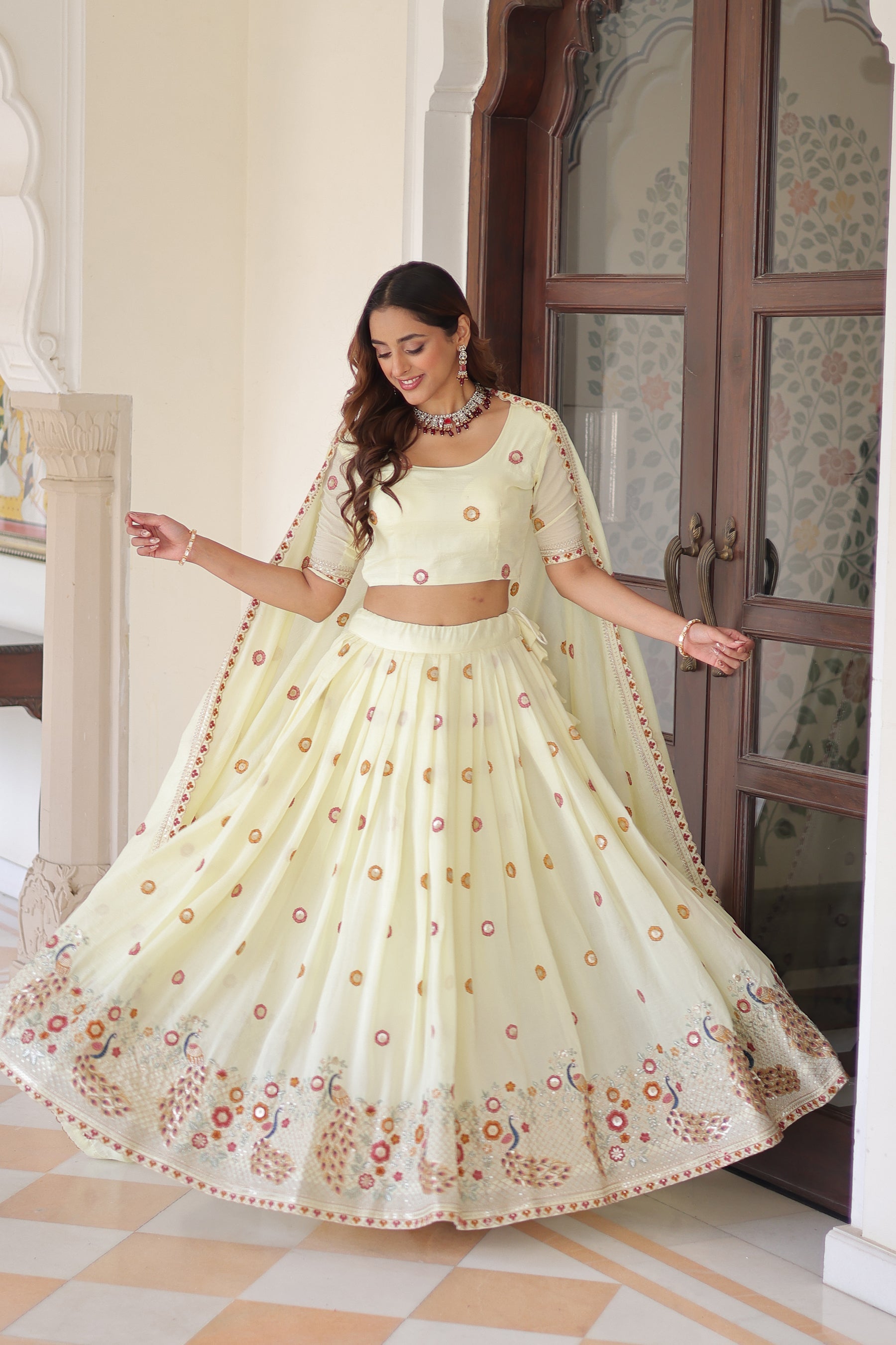Lorenvalley Fashion Cream Vichitra Silk With Sequins & Zari & Thread Multi Embroidered work Lehenga Choli with Dupatta