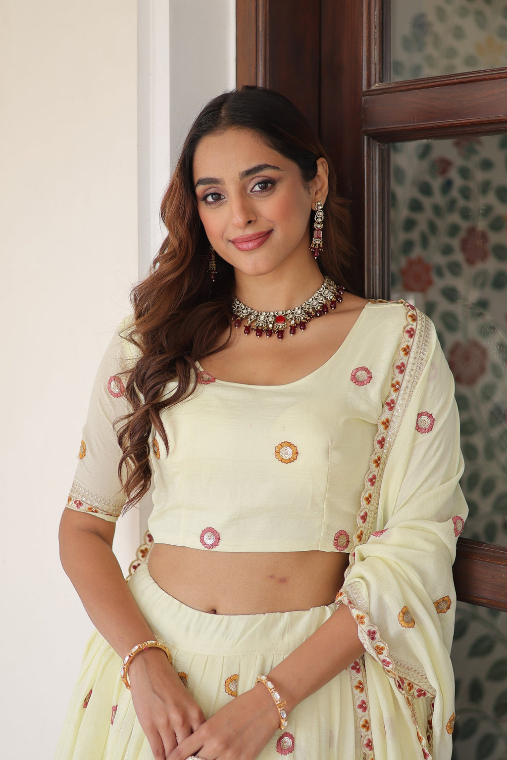 Lorenvalley Fashion Cream Vichitra Silk With Sequins & Zari & Thread Multi Embroidered work Lehenga Choli with Dupatta