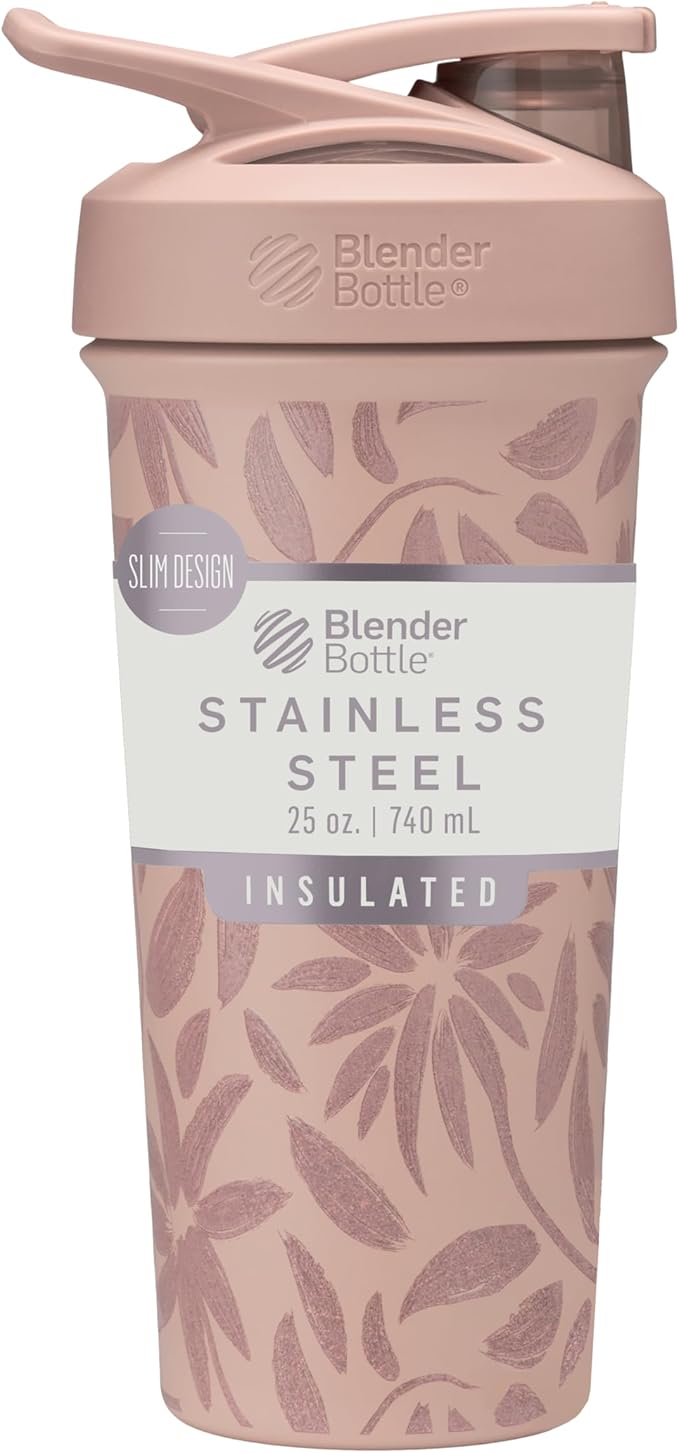BlenderBottle Strada Flip Shaker Cup Insulated Stainless Steel Water Bottle with Wire Whisk, 25-Ounce, Brown Flowers