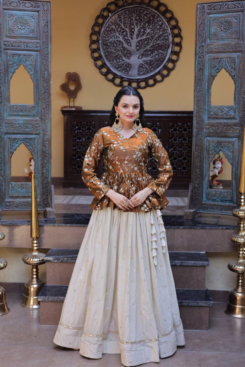 Lorenvalley Fashion Offwhite Cosmos Fabrics with Sequins & Zari Embroidered With Mirror Lace Work Lehenga Choli
