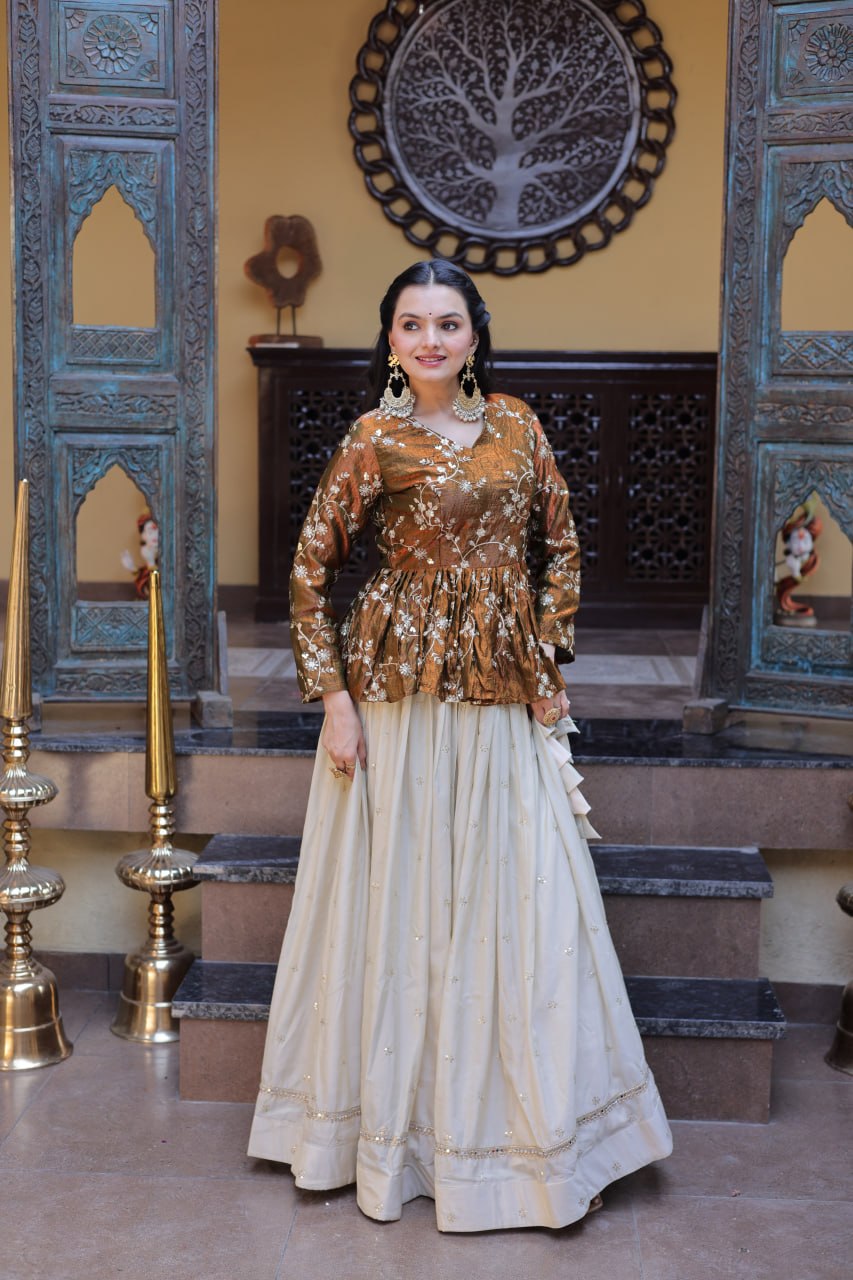 Lorenvalley Fashion Offwhite Cosmos Fabrics with Sequins & Zari Embroidered With Mirror Lace Work Lehenga Choli