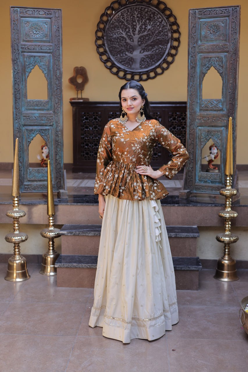 Lorenvalley Fashion Offwhite Cosmos Fabrics with Sequins & Zari Embroidered With Mirror Lace Work Lehenga Choli