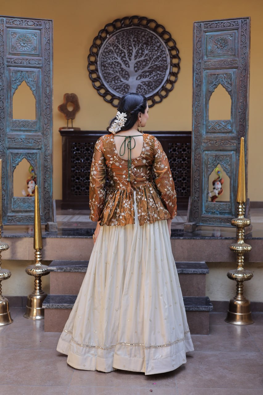 Lorenvalley Fashion Offwhite Cosmos Fabrics with Sequins & Zari Embroidered With Mirror Lace Work Lehenga Choli