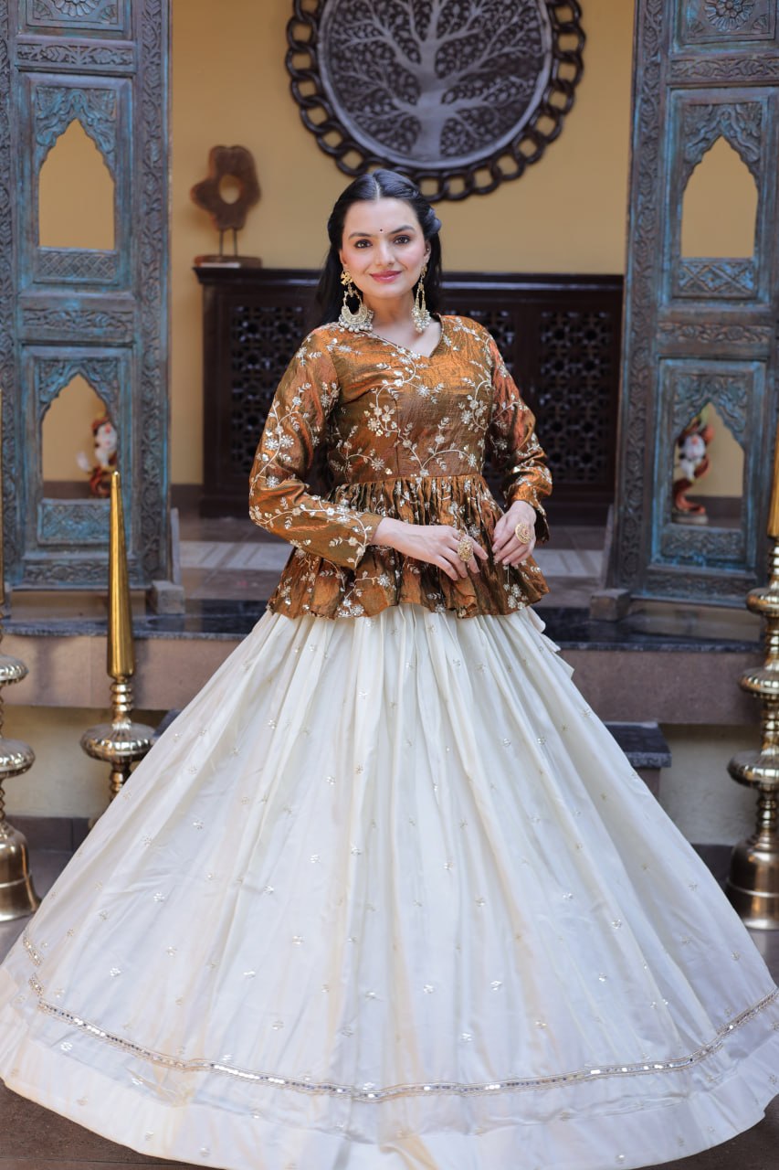 Lorenvalley Fashion Offwhite Cosmos Fabrics with Sequins & Zari Embroidered With Mirror Lace Work Lehenga Choli