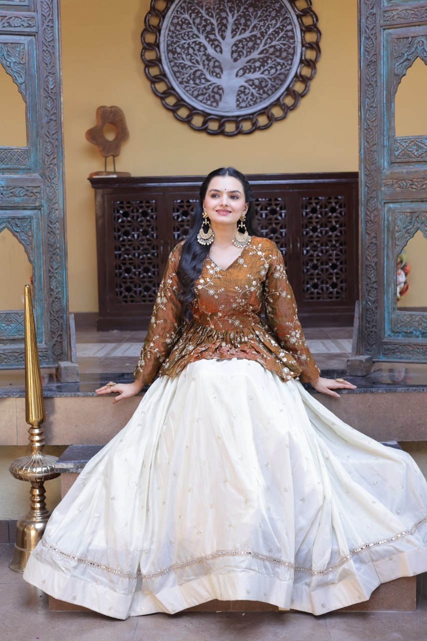 Lorenvalley Fashion Offwhite Cosmos Fabrics with Sequins & Zari Embroidered With Mirror Lace Work Lehenga Choli