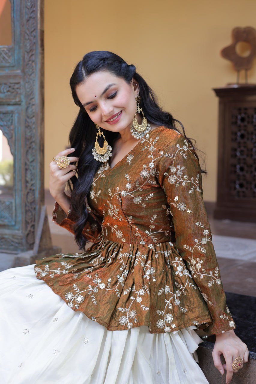 Lorenvalley Fashion Offwhite Cosmos Fabrics with Sequins & Zari Embroidered With Mirror Lace Work Lehenga Choli