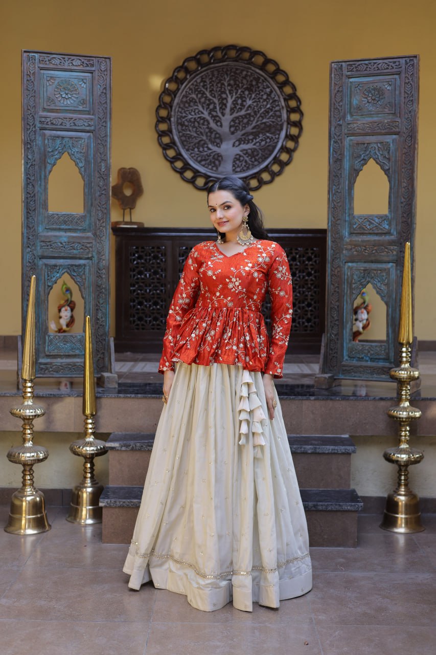Lorenvalley Fashion Offwhite Cosmos Fabrics with Sequins & Zari Embroidered With Mirror Lace Work Lehenga Choli