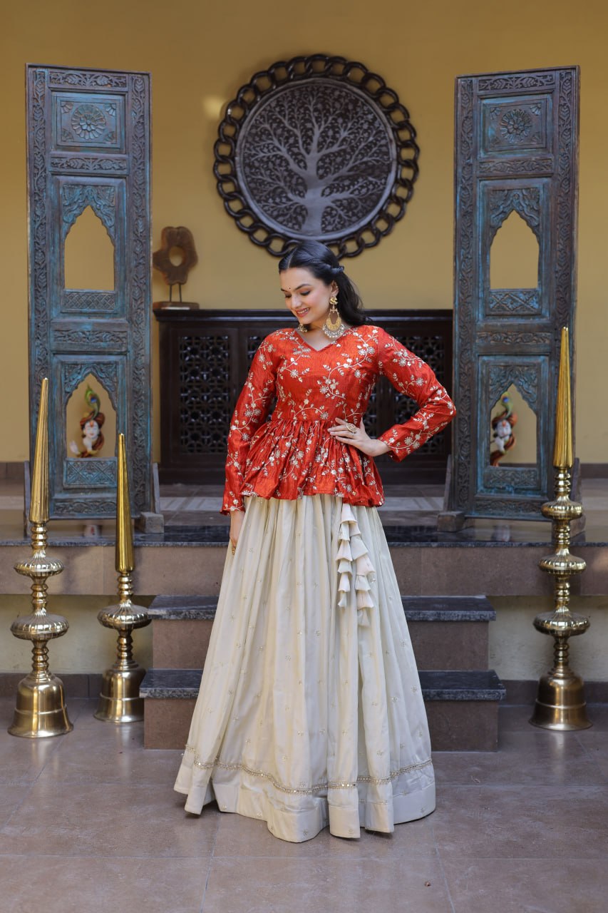 Lorenvalley Fashion Offwhite Cosmos Fabrics with Sequins & Zari Embroidered With Mirror Lace Work Lehenga Choli