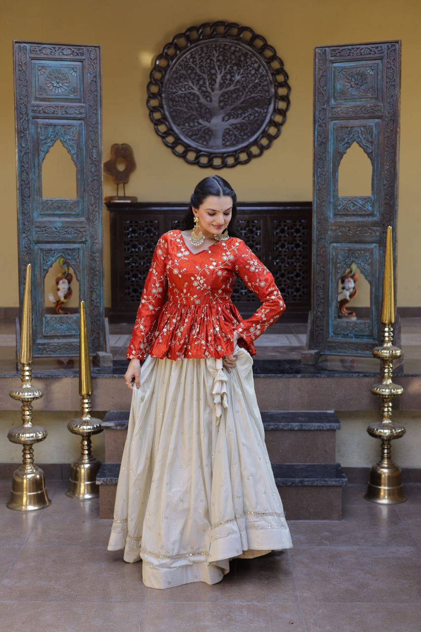 Lorenvalley Fashion Offwhite Cosmos Fabrics with Sequins & Zari Embroidered With Mirror Lace Work Lehenga Choli