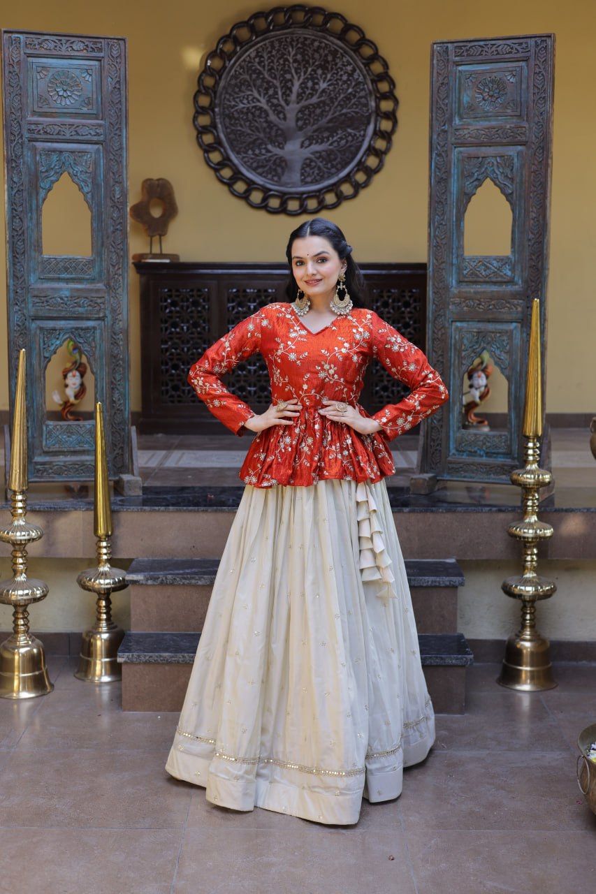 Lorenvalley Fashion Offwhite Cosmos Fabrics with Sequins & Zari Embroidered With Mirror Lace Work Lehenga Choli