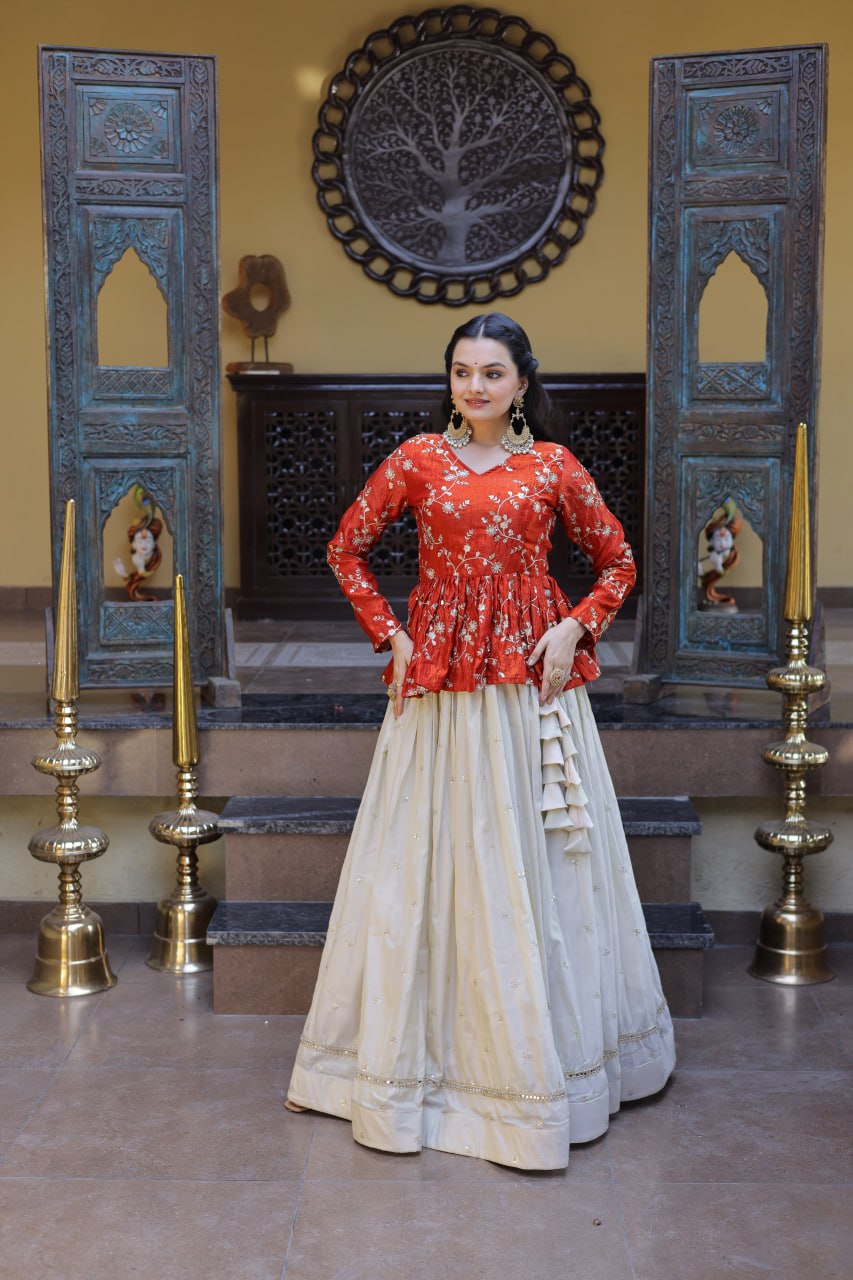 Lorenvalley Fashion Offwhite Cosmos Fabrics with Sequins & Zari Embroidered With Mirror Lace Work Lehenga Choli