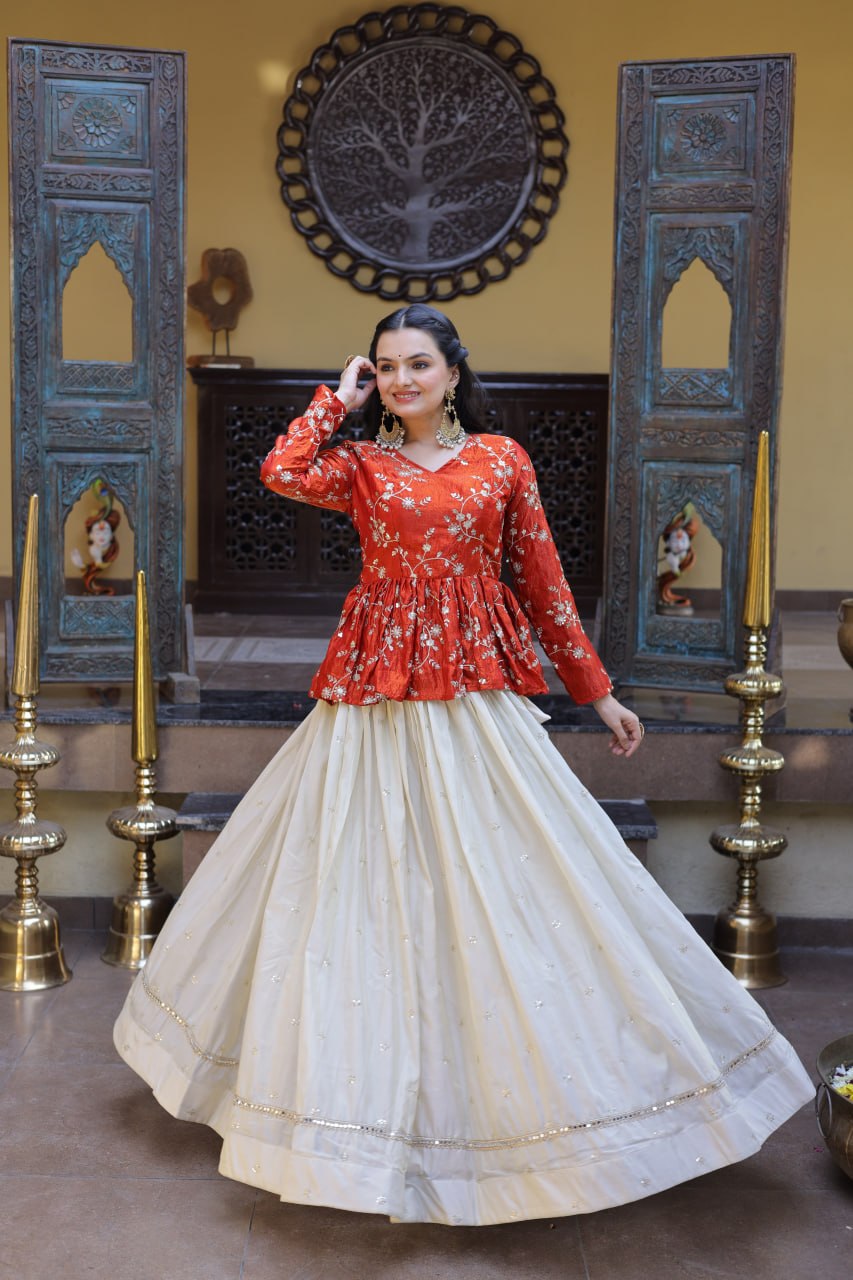Lorenvalley Fashion Offwhite Cosmos Fabrics with Sequins & Zari Embroidered With Mirror Lace Work Lehenga Choli