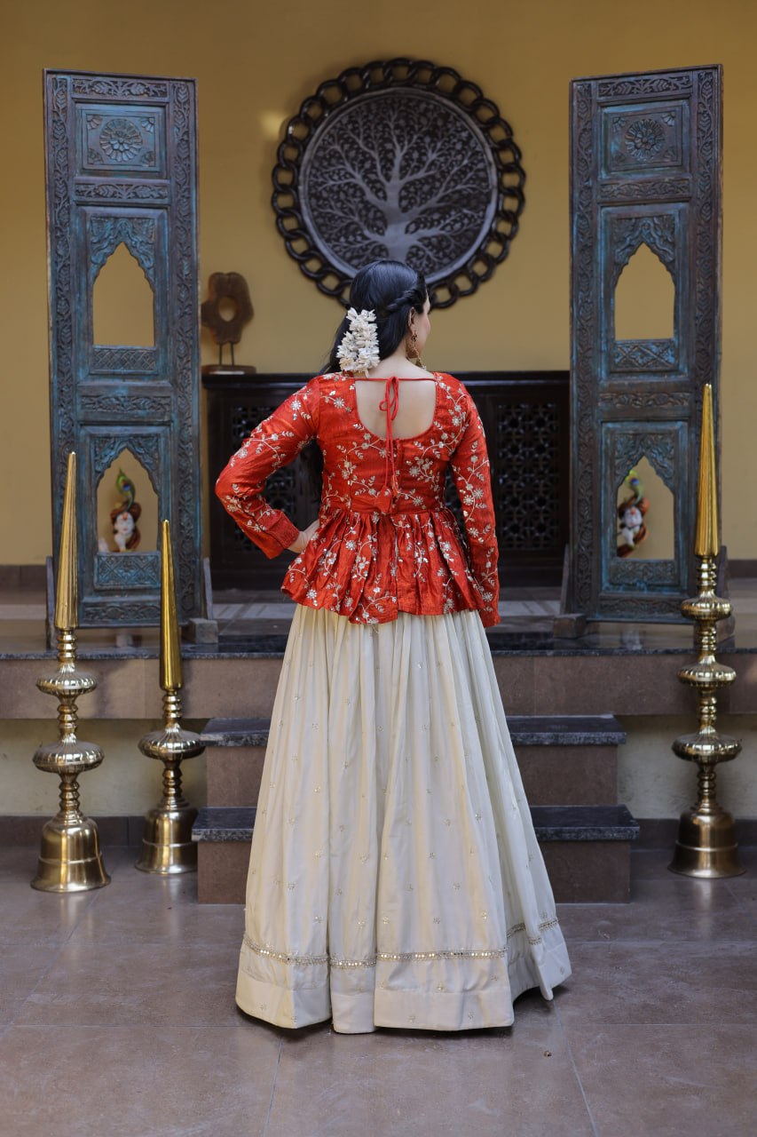 Lorenvalley Fashion Offwhite Cosmos Fabrics with Sequins & Zari Embroidered With Mirror Lace Work Lehenga Choli