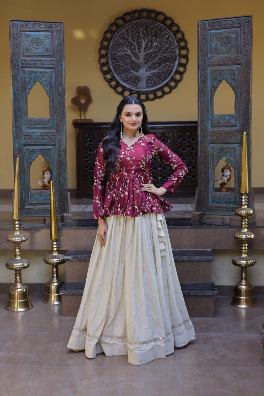 Lorenvalley Fashion Offwhite Cosmos Fabrics with Sequins & Zari Embroidered With Mirror Lace Work Lehenga Choli