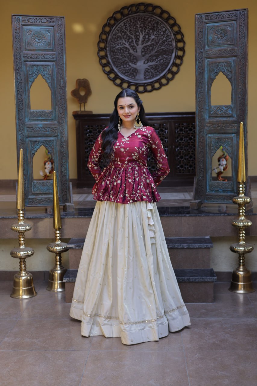 Lorenvalley Fashion Offwhite Cosmos Fabrics with Sequins & Zari Embroidered With Mirror Lace Work Lehenga Choli