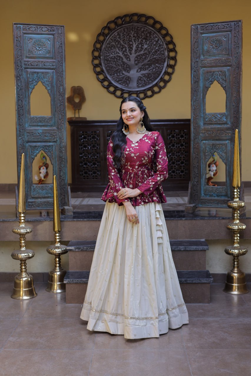 Lorenvalley Fashion Offwhite Cosmos Fabrics with Sequins & Zari Embroidered With Mirror Lace Work Lehenga Choli