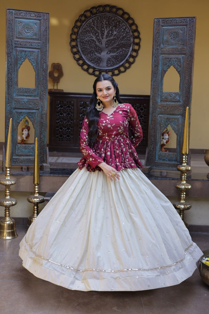 Lorenvalley Fashion Offwhite Cosmos Fabrics with Sequins & Zari Embroidered With Mirror Lace Work Lehenga Choli