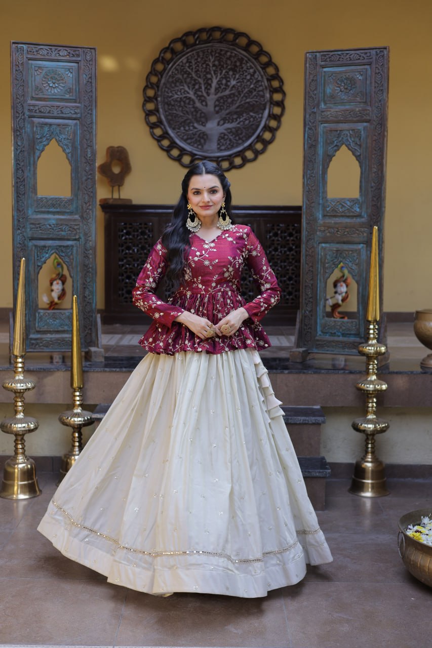 Lorenvalley Fashion Offwhite Cosmos Fabrics with Sequins & Zari Embroidered With Mirror Lace Work Lehenga Choli