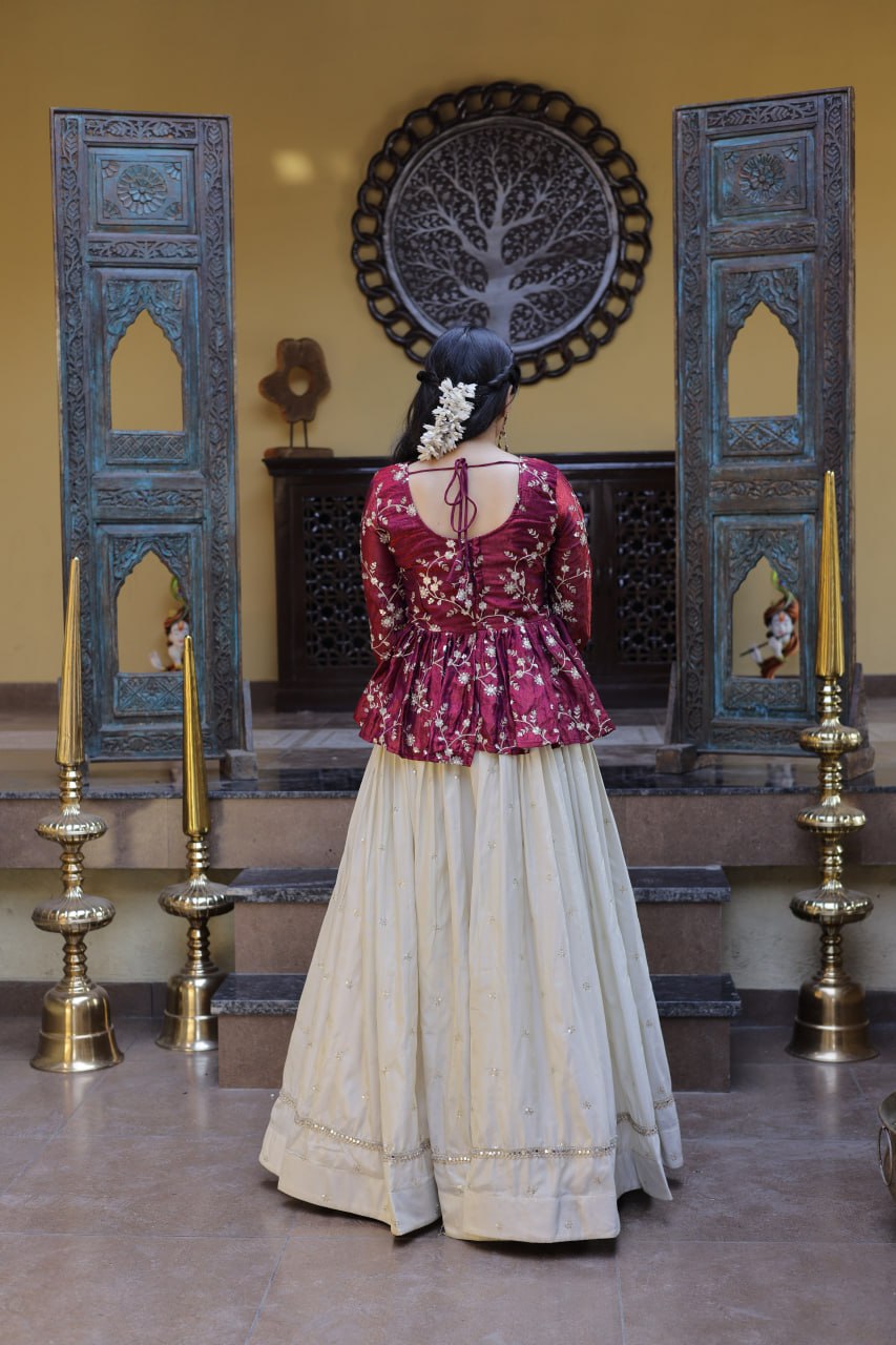 Lorenvalley Fashion Offwhite Cosmos Fabrics with Sequins & Zari Embroidered With Mirror Lace Work Lehenga Choli