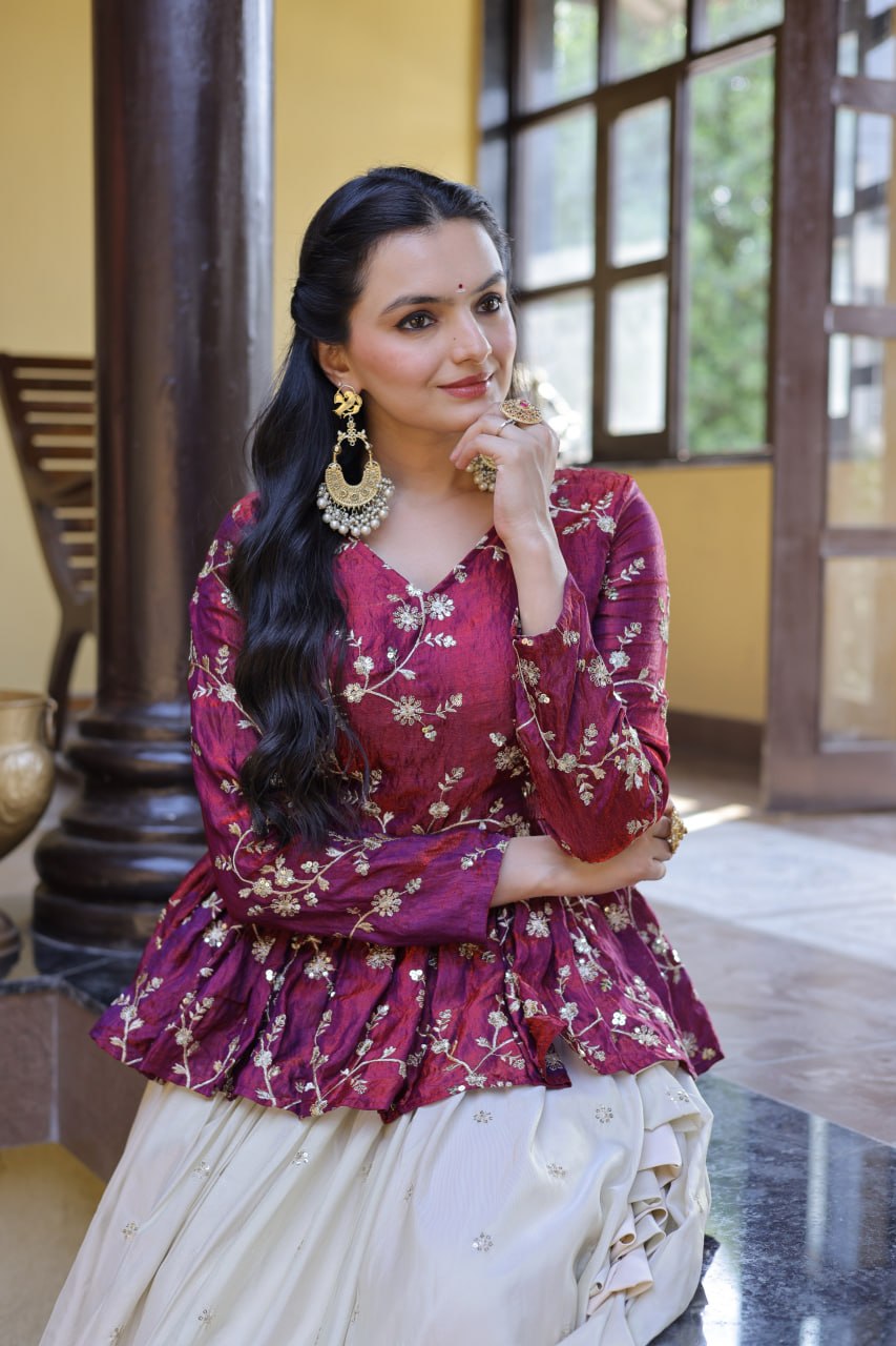 Lorenvalley Fashion Offwhite Cosmos Fabrics with Sequins & Zari Embroidered With Mirror Lace Work Lehenga Choli
