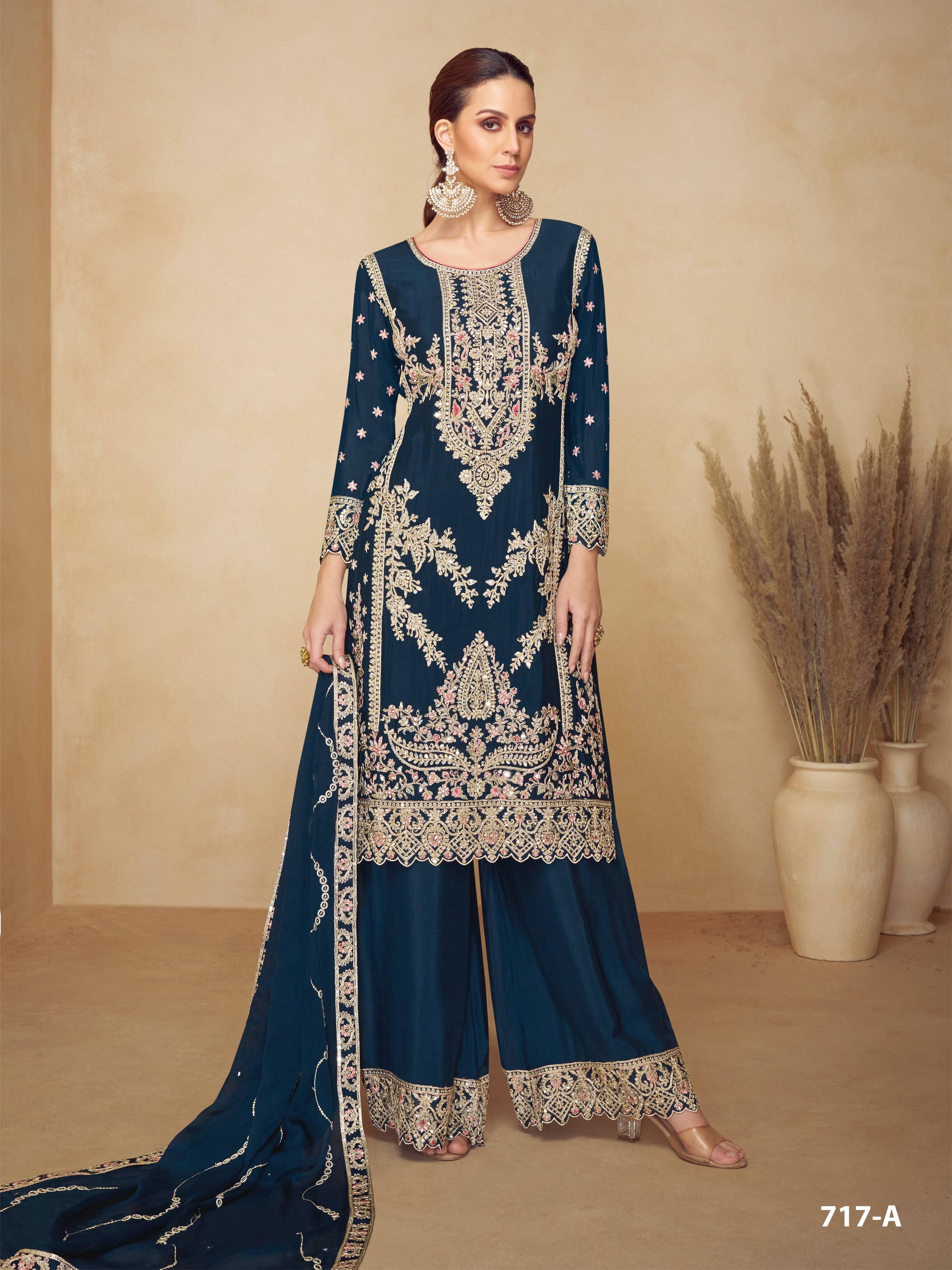 Anaita Teal Chinon Plazzo Suit With Codding Dori & Sequence Work