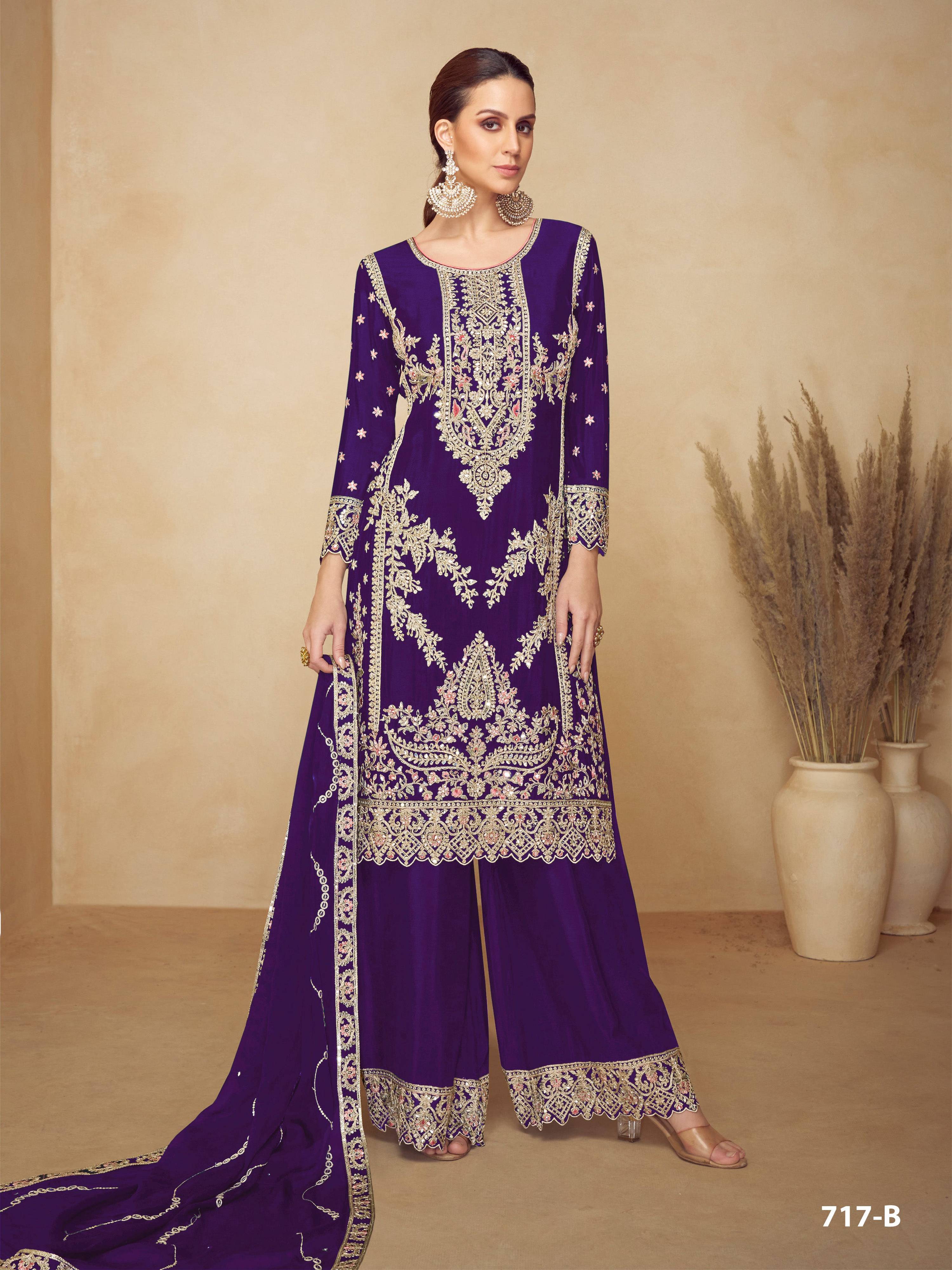 Anaita Purple Chinon Plazzo Suit With Codding Dori & Sequence Work