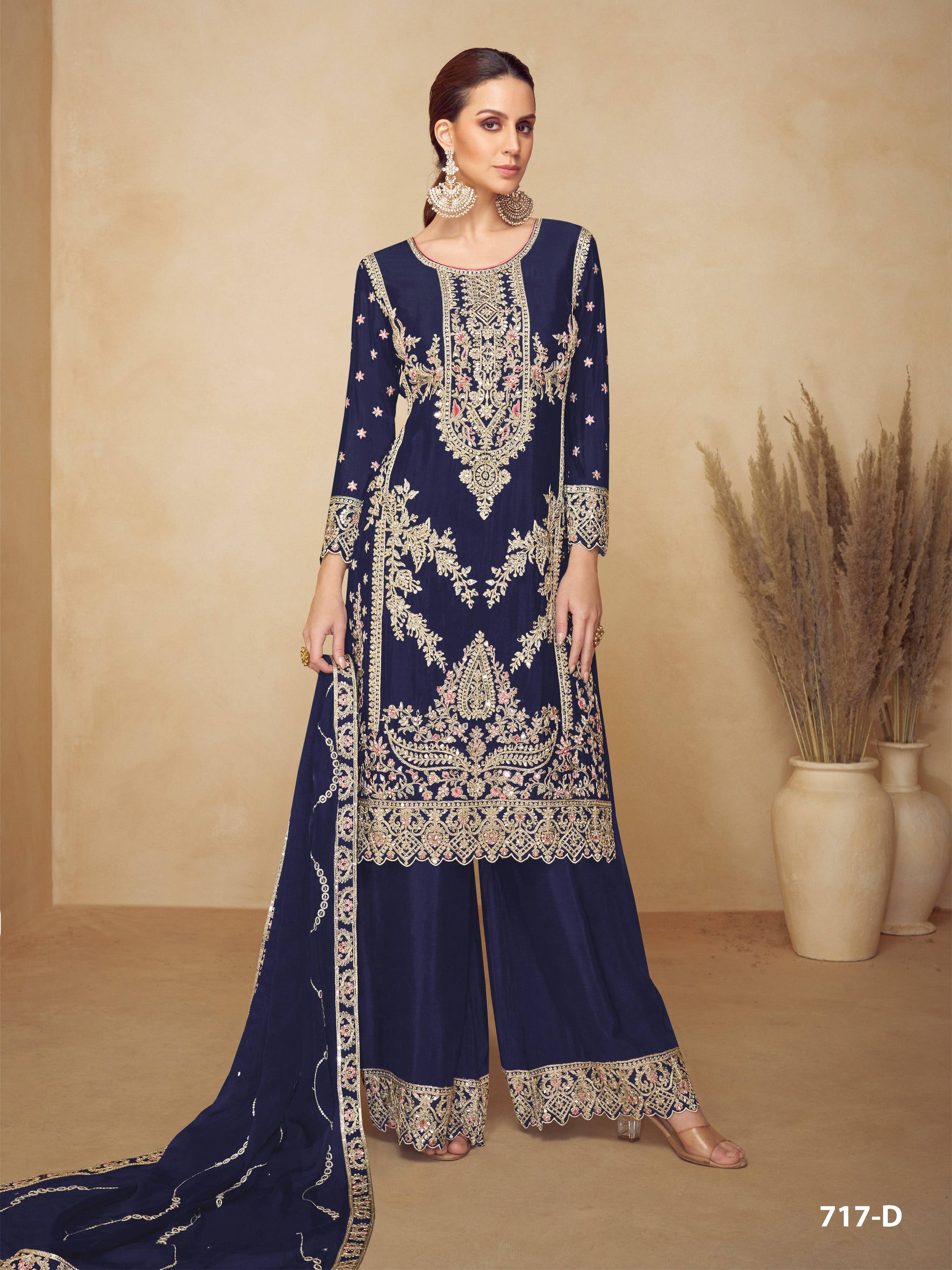Anaita Navy Blue Chiffon Palazzo Suit With Coding Dori & Sequence Work
