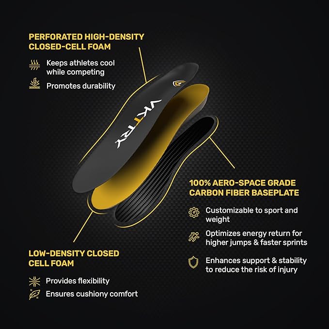 VKTRY Gold for Non-Cleated Shoes - Carbon Fiber Performance Insoles - Customized Athletic Inserts for Sports Basketball Volleyball Running & More | Shock Absorption US M14.5-15, W16.5-17, 171-220lbs