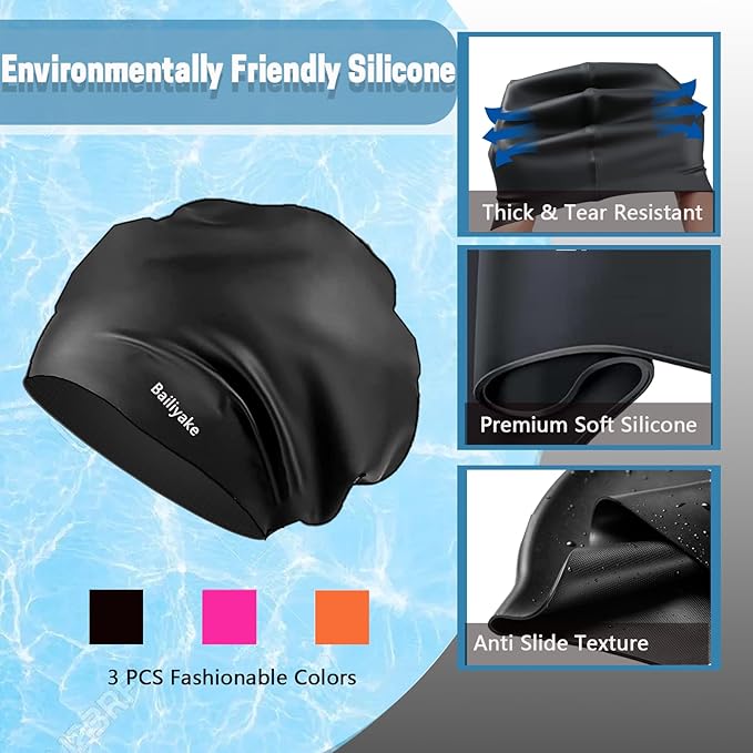 3 Pack Extra Large Swim Cap for Braids & Dreadlocks - Waterproof Silicone Swim Hat for Women with Long Thick Hair, Protective Swim Cap Cover Ears for Swimming, Shower, Bathing