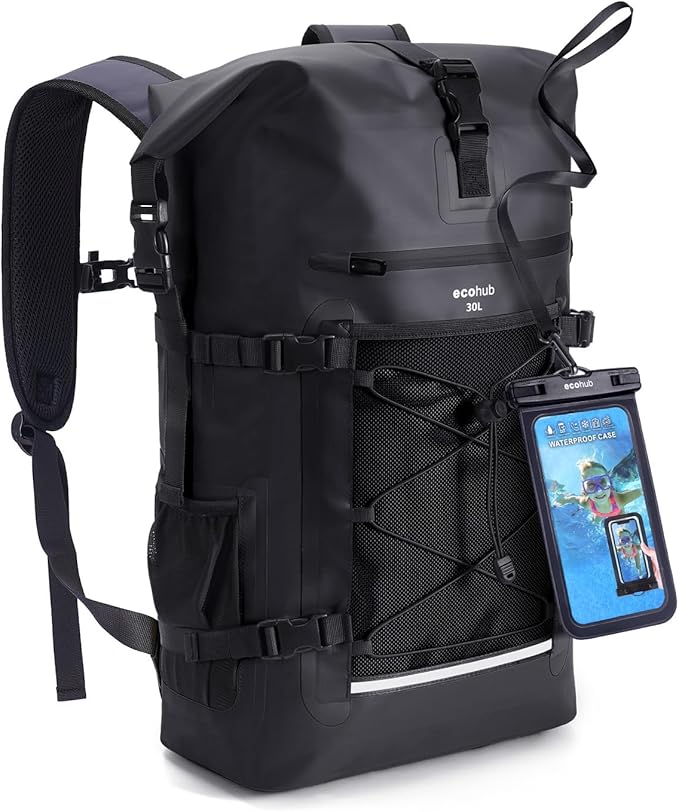 ECOHUB Waterproof Backpack for Women Men, 30L Roll-Top Closure Heavy Duty Dry Bag for Travel with IPX8 Waterproof Phone Case