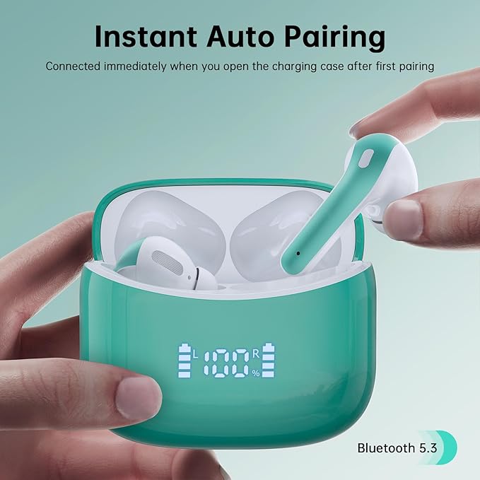 Wireless Earbuds, Bluetooth Ear Buds Headphones, 60H Long Playtime, Stereo Deep Bass, LED Power Display, IPX7 Sport Waterproof, Lightweight in-Ear Earphones with Mic for iPhone Android PC TV Computer