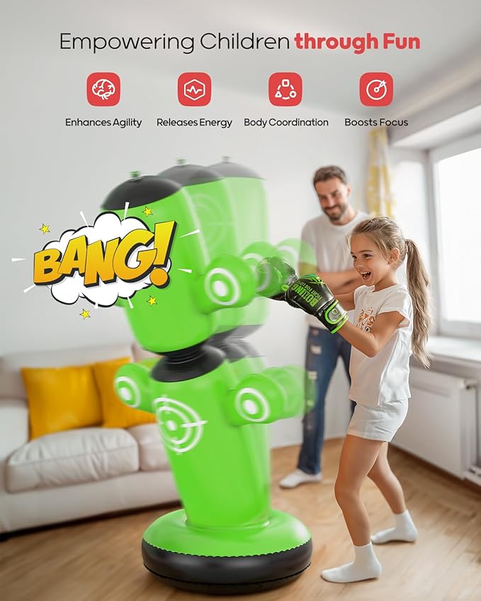 QPAU 360° Rotatable Punching Bag for Kids, Lager 64” Kids Punching Bag with Gloves, Hand Pump & 6 Targets, Bop Bag Inflatable Punching Toy, Karate Gifts for Boys, Girls